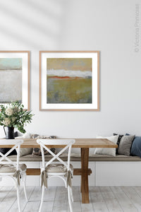 Modern abstract ocean art "Singing Surf," digital print by Victoria Primicias, decorates the dining room.