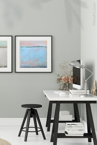 Pastel abstract coastal wall decor "Sister Shore," digital download by Victoria Primicias, decorates the office.