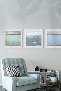 Pastel abstract ocean wall art "Sister Shore," fine art print by Victoria Primicias, decorates the living room.