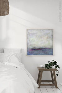 Muted abstract landscape art "Splintered Memory," digital download by Victoria Primicias, decorates the bedroom.