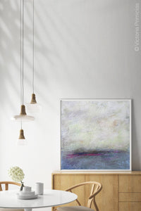 Muted abstract landscape art "Splintered Memory," digital download by Victoria Primicias, decorates the dining room.