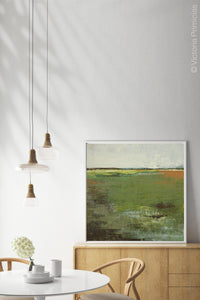Horizon abstract landscape art "Spring Envy," digital artwork by Victoria Primicias, decorates the dining room.
