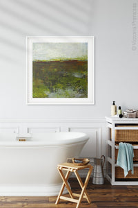 Impressionist abstract landscape art "Spring Eternal," printable wall art by Victoria Primicias, decorates the bathroom.