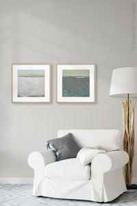 Modern abstract landscape art "Still Suede," digital download by Victoria Primicias, decorates the living room.