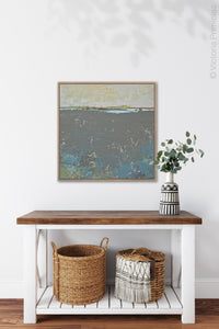 Modern abstract ocean painting "Still Suede," downloadable art by Victoria Primicias, decorates the hallway.