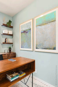 Seafoam and gray abstract beach wall decor "Sunday Morning," downloadable art by Victoria Primicias, decorates the office.