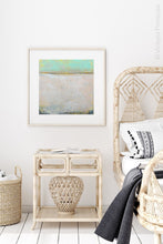 Load image into Gallery viewer, Seafoam and gray abstract beach wall art &quot;Sunday Morning,&quot; digital print by Victoria Primicias, decorates the bedroom.
