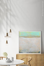Load image into Gallery viewer, Seafoam and gray abstract beach wall decor &quot;Sunday Morning,&quot; downloadable art by Victoria Primicias, decorates the dining room.
