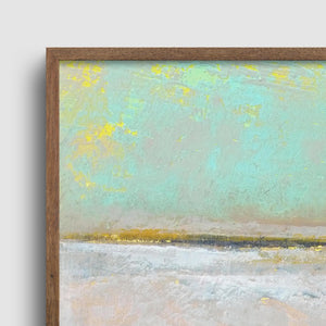 Closeup detail of mint and gray abstract beach wall art "Sunday Morning," metal print by Victoria Primicias