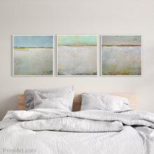 Load image into Gallery viewer, Mint and gray abstract coastal wall art &quot;Sunday Morning,&quot; fine art print by Victoria Primicias, decorates the bedroom.
