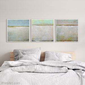 Mint and gray abstract coastal wall art "Sunday Morning," fine art print by Victoria Primicias, decorates the bedroom.