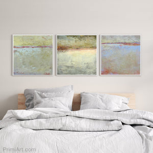 Muted beige abstract landscape art "Sweet Compass," digital download by Victoria Primicias, decorates the bedroom.