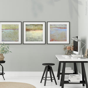 Muted beige abstract ocean art "Sweet Compass," digital download by Victoria Primicias, decorates the office.