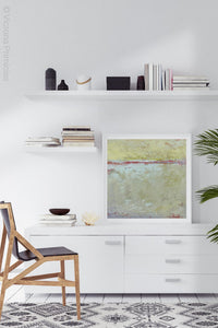 Neutral color abstract landscape art "Sweet Compass," canvas wall art by Victoria Primicias, decorates the office.