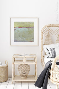 Neutral color abstract ocean painting "Sweet Compass," giclee print by Victoria Primicias, decorates the bedroom.