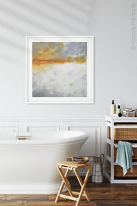 Contemporary abstract ocean painting "Tawny Spirit," digital art landscape by Victoria Primicias, decorates the bathroom.