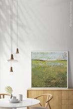 Load image into Gallery viewer, Yellow green abstract landscape painting &quot;Tender Reasons,&quot; digital art landscape by Victoria Primicias, decorates the dining room.
