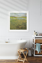 Load image into Gallery viewer, Yellow green abstract beach artwork &quot;Tender Reasons,&quot; digital art landscape by Victoria Primicias, decorates the bathroom.
