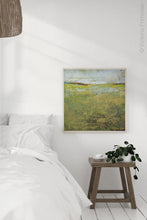 Load image into Gallery viewer, Yellow green abstract ocean wall art &quot;Tender Reasons,&quot; digital art landscape by Victoria Primicias, decorates the bedroom.
