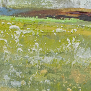 Closeup detail of Yellow green abstract beach artwork "Tender Reasons," digital art landscape by Victoria Primicias