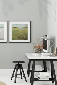 Yellow green abstract beach artwork "Tender Reasons," digital art landscape by Victoria Primicias, decorates the office.