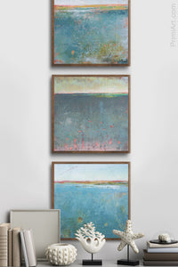 Teal abstract beach wall art "Tethered Basin," digital print by Victoria Primicias, decorates the hallway.