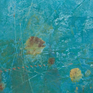 Closeup detail of teal abstract beach wall art "Tethered Basin," digital print by Victoria Primicias