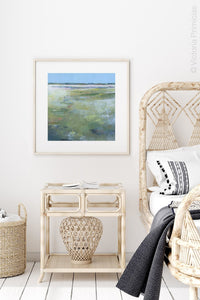 Large abstract landscape art "Thirsty Sheets," canvas wall art by Victoria Primicias, decorates the bedroom.
