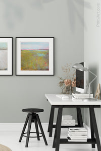 Yellow green abstract landscape painting "Tidal Pools," digital print by Victoria Primicias, decorates the office.