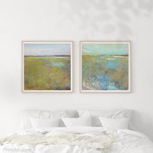 Load image into Gallery viewer, Yellow green abstract coastal wall art &quot;Tidal Pools,&quot; digital download by Victoria Primicias, decorates the bedroom.
