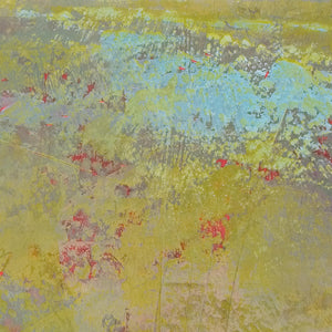 Closeup detail of chartreuse abstract landscape art "Tidal Pools," metal print by Victoria Primicias