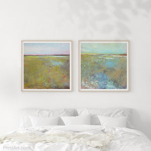 Chartreuse abstract landscape art "Tidal Pools," metal print by Victoria Primicias, decorates the bedroom.