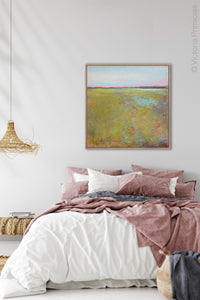 Chartreuse abstract landscape painting "Tidal Pools," canvas art print by Victoria Primicias, decorates the bedroom.
