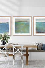 Load image into Gallery viewer, Turquoise abstract coastal wall decor &quot;Tides End,&quot; wall art print by Victoria Primicias, decorates the dining room.
