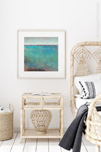 Load image into Gallery viewer, Turquoise abstract beach wall decor &quot;Tides End,&quot; canvas art print by Victoria Primicias, decorates the bedroom.
