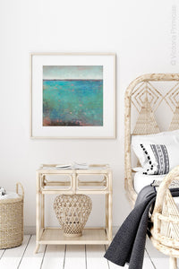 Turquoise abstract beach wall decor "Tides End," canvas art print by Victoria Primicias, decorates the bedroom.