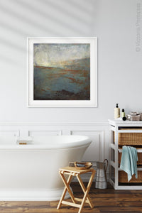 Contemporary abstract ocean art "Titian Tides," digital art landscape by Victoria Primicias, decorates the bathroom.