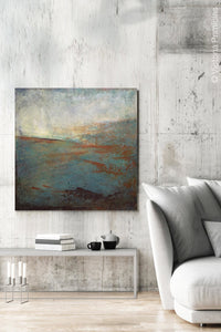 Contemporary abstract ocean art "Titian Tides," digital artwork by Victoria Primicias, decorates the living room.