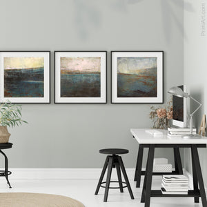 Contemporary abstract seascape painting "Titian Tides," printable art by Victoria Primicias, decorates the office.