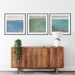 Teal green abstract landscape art "Tropicana Tales," downloadable art by Victoria Primicias, decorates the entryway.