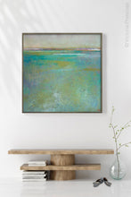 Load image into Gallery viewer, Teal green abstract beach painting &quot;Tropicana Tales,&quot; digital print by Victoria Primicias, decorates the entryway.
