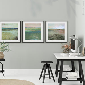 Square contemporary abstract coastal wall art "Tuscan Strands," printable wall art by Victoria Primicias, decorates the office.