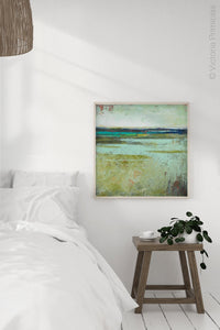 Modern abstract landscape painting "Tuscan Strands," canvas wall art by Victoria Primicias, decorates the bedroom.