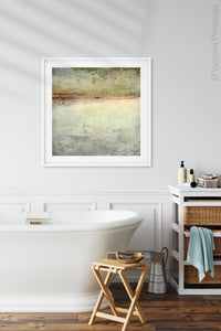 Gray abstract seascape painting "Tuscan Treasures," downloadable art by Victoria Primicias, decorates the bathroom.