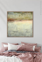 Load image into Gallery viewer, Gray abstract ocean art &quot;Tuscan Treasures,&quot; downloadable art by Victoria Primicias, decorates the bedroom.
