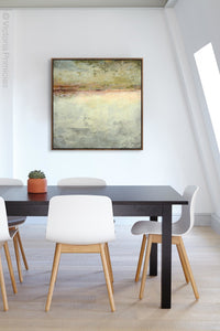 Gray abstract beach art "Tuscan Treasures," digital art landscape by Victoria Primicias, decorates the office.