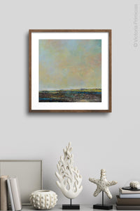Serene abstract landscape painting "Twilight Blush," digital art landscape by Victoria Primicias, decorates the wall.