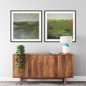 Green abstract landscape art "Verdant Excuse," downloadable art by Victoria Primicias, decorates the entryway.