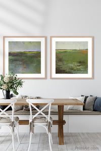 Green abstract landscape art "Verdant Excuse," fine art print by Victoria Primicias, decorates the dining room.
