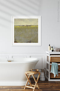 Impressionist abstract landscape painting "Vernal Passage," digital print by Victoria Primicias, decorates the bathroom.